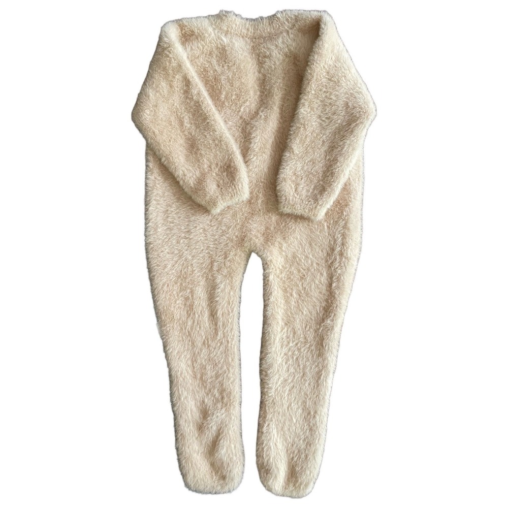 Toddler Oatmeal Beige Fuzzy Raccoon Style Faux Fur One Piece Sweater Jumpsuit 3T - Picture 2 of 4